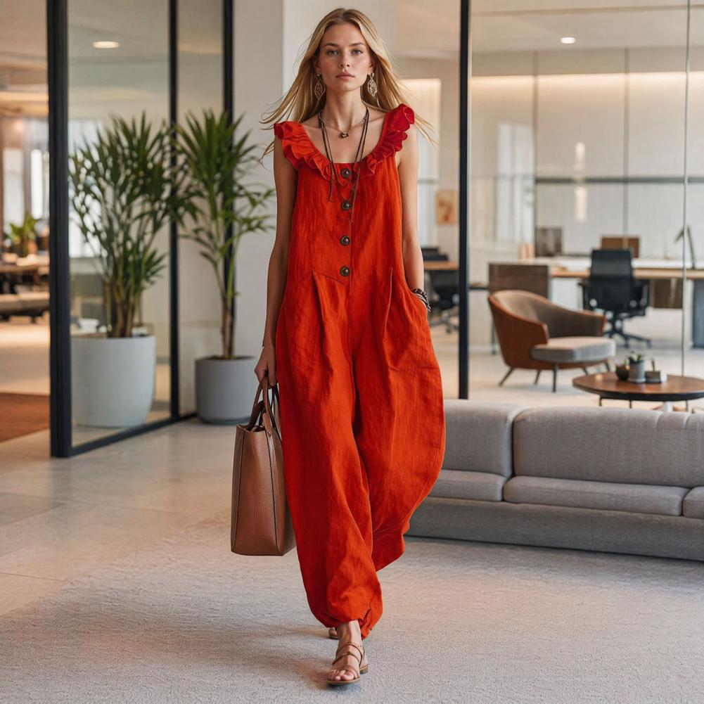 Jumpsuit Linen Relaxed - 女性ジャンプスーツ 通気性のあるリラックスフィットロンパース 女性用フリルクルーネックジャンプスーツ ポケット付き ワイドレッグロンパース 夏用