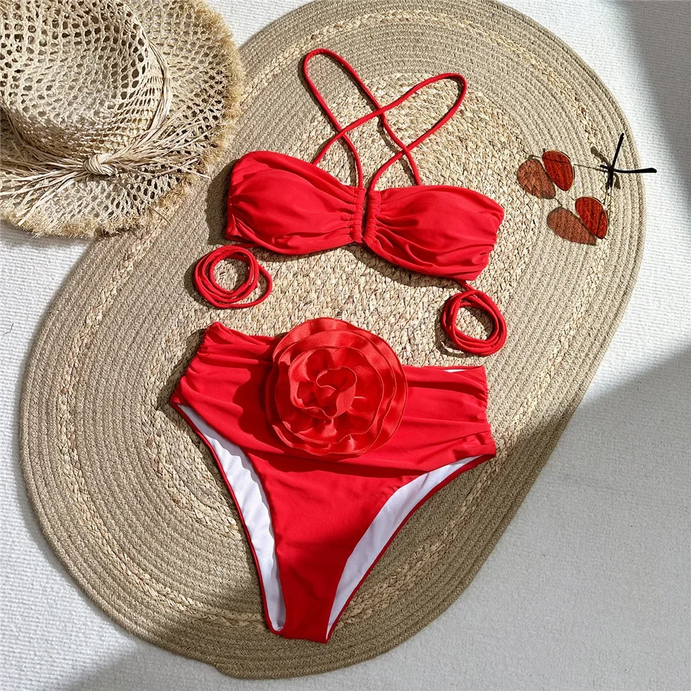 Swimsuit Bikini Ruched - 女性のためのセクシーな赤いホルターネックバンドゥビキニ,3Dフラワー水着,ハイウエスト水着,ギャザー水着,水着,2022