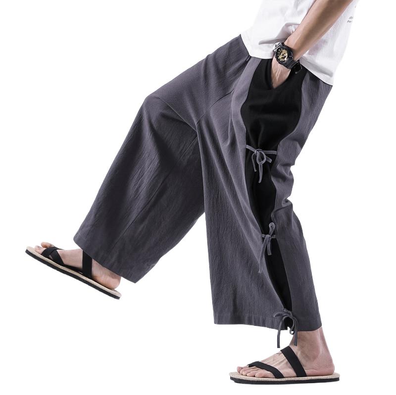 Linen Pant Wide - 秋の新作、ゆったりとしたサイズのメンズパンツ。5XL、6XL、7XL、8XL。コットンリネン素材、大きめのサイズ、韓国ファッション、パッチワーク、カラーブロックデザイン。