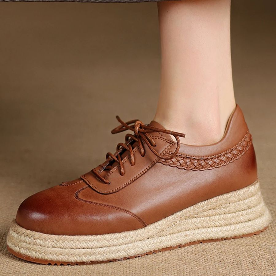 Wedge Espadrille Women - EAGSITY 牛革ブラウンオックスフォードシューズスタイル女性エスパドリーユウェッジシューズラウンドトゥレースアップブローグ靴ウォーキングスニーカー