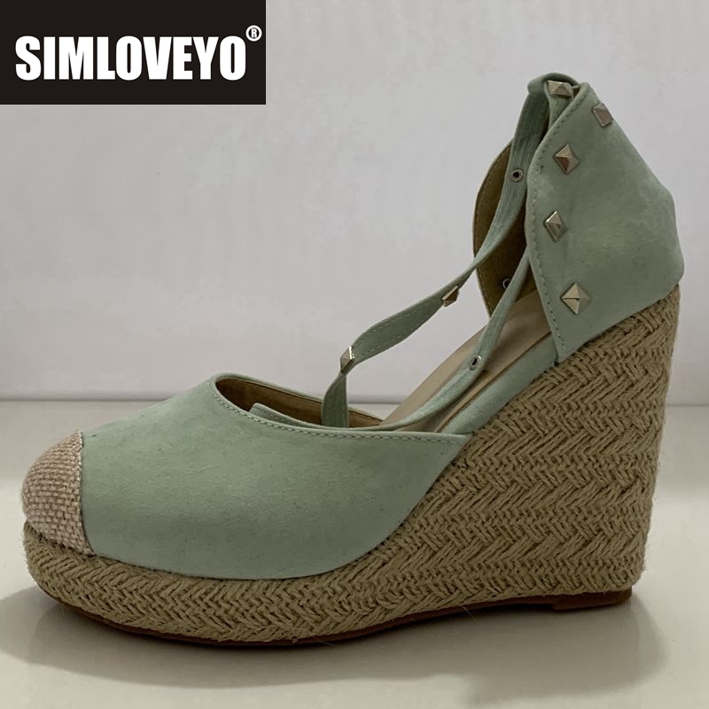 Wedge Espadrille Women - SIMLOVEYO エスパドリーユ女性ウェッジサンダルハイヒールリベット夏の靴プラットフォームアンクルストラップサンダル織りパーティーサンダル