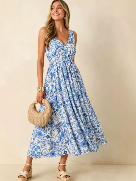 Linen Dress Wrap - 2026年夏 大きいサイズ 花柄プリント レディース 花びらスリムフィット ラップネック