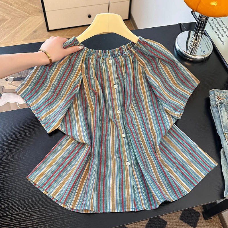 Blouse Off Shoulder - 女性用カラーストライプオフショルダー2WAY着用可能半袖コットンシャツルーズサマーブラウス