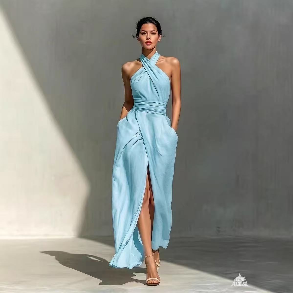 Maxi Dress Halter - 洗練されたデザインの、前スリット入りボヘミアン風ロングドレス。女性向け、春にぴったりのセクシーなオフショルダー・ホルターネックのパーティードレス。夏に最適な、袖なしでハイウエストのマキシドレス。
