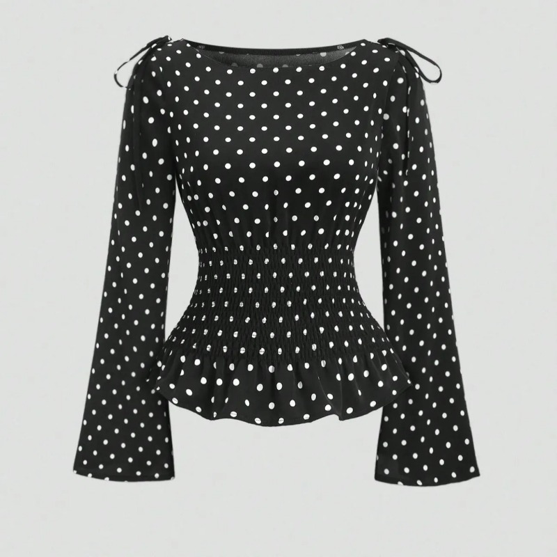 Blouse Off Shoulder - 女性用フレンチレトロポルカドットオフショルダーブラウス、スモックウエスト、フレアスリーブ、ラッフル、スイートクロップトップス