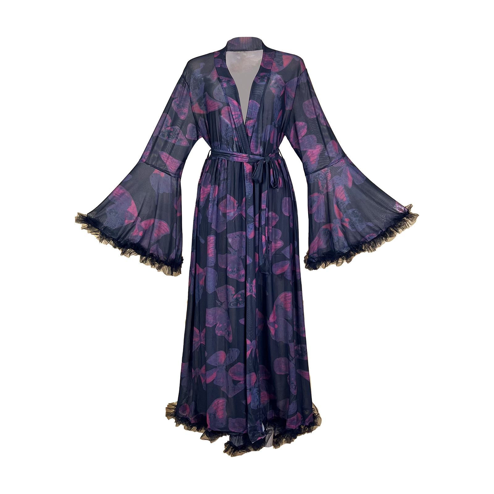 夏用シースループリントメッシュローブ 花柄フリンジエッジ ロ - Kimono Sheer Floral のレビューと価格