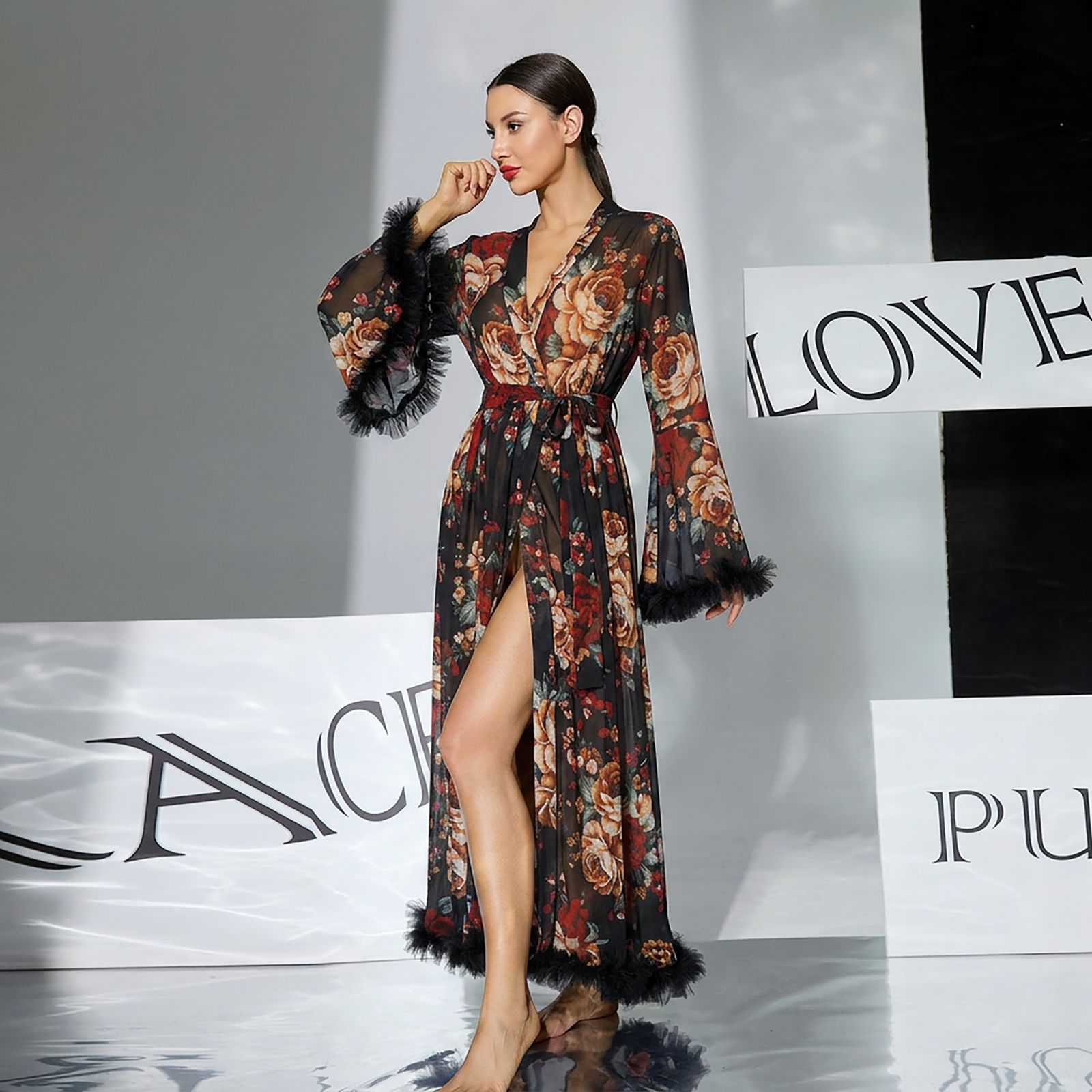 夏用シースループリントメッシュローブ 花柄フリンジエッジ ロ - Kimono Sheer Floral のレビューと価格