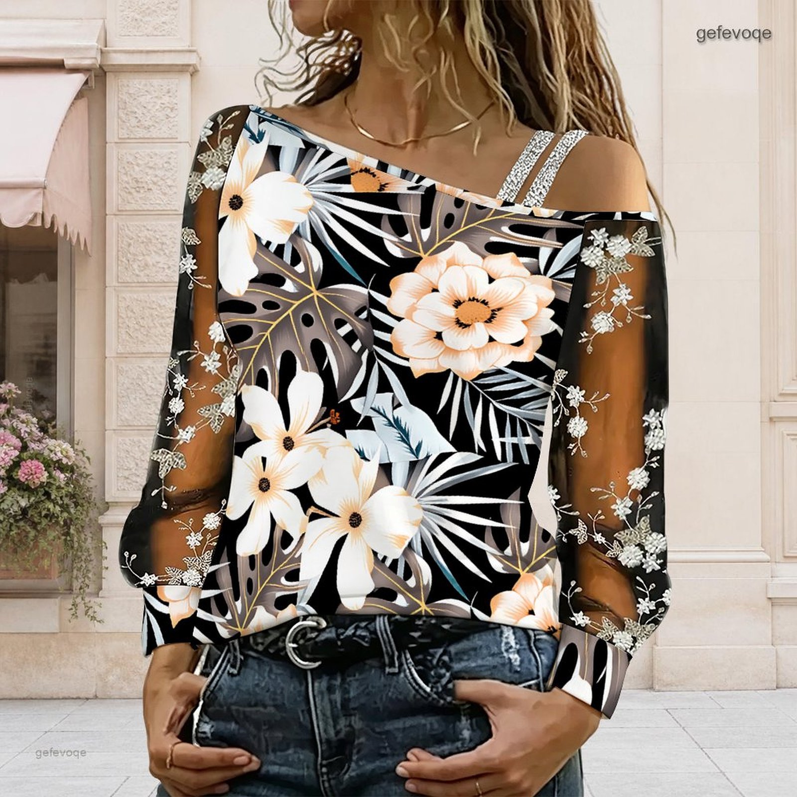 女性用オフショルダーブラウス、アシンメトリーなワンショルダー - Blouse Off Shoulder のレビューと価格