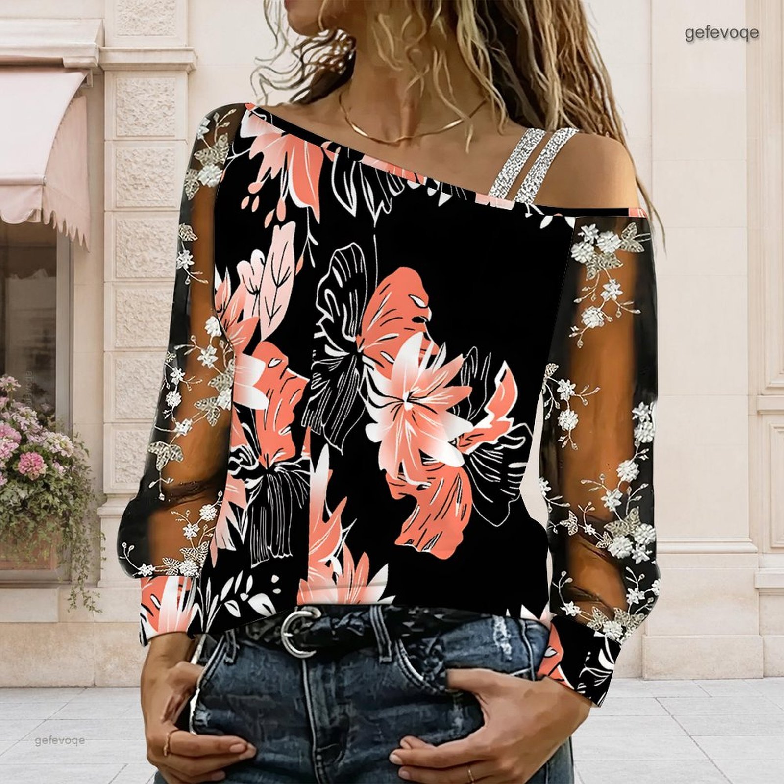 女性用オフショルダーブラウス、アシンメトリーなワンショルダー - Blouse Off Shoulder のレビューと価格