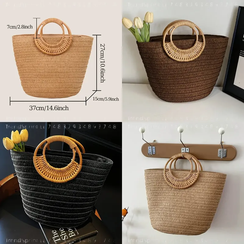 女性用夏用紙製トートバッグ 大容量 無地 丸型木製ハンドル  - Tote Bag Beach のレビューと価格