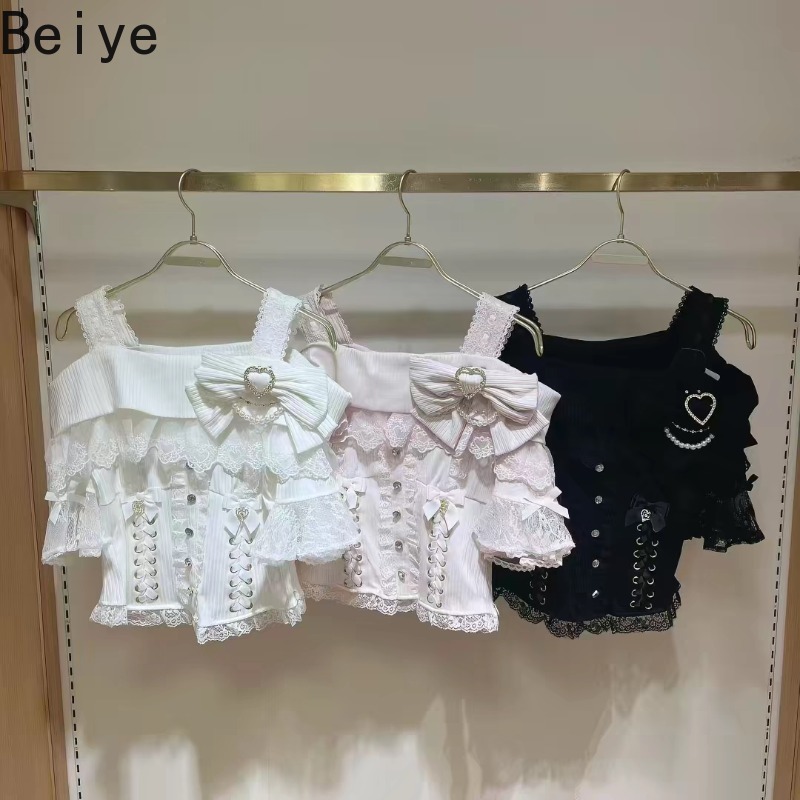 日本のロリータオフショルダーシャツ、女性用ビッグボウハートラ - Blouse Off Shoulder のレビューと価格