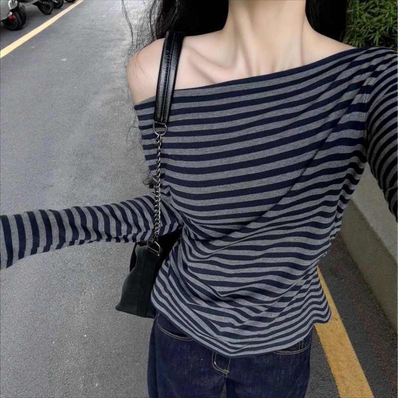 女性用ヴィンテージストライプオフショルダーロングスリーブトッ - Blouse Off Shoulder のレビューと価格
