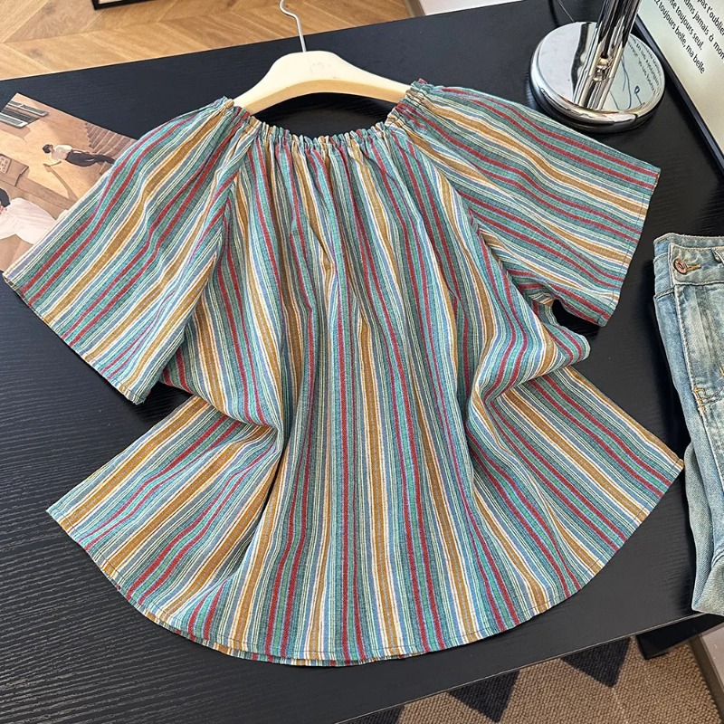 女性用カラーストライプオフショルダー2WAY着用可能半袖コッ - Blouse Off Shoulder のレビューと価格