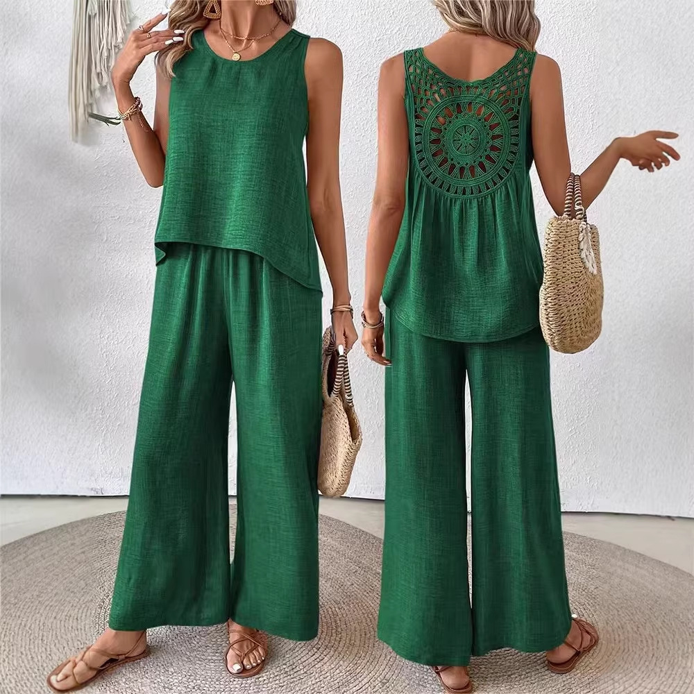 ツーピース レディース 無地パンツセット ホローアウト マッ - Linen Pant Wide のレビューと価格