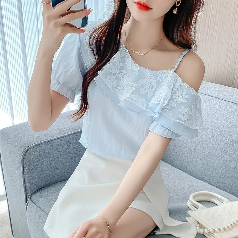 女性のオフショルダーレースフリルブラウス夏半袖非対称シフォン - Blouse Off Shoulder のレビューと価格