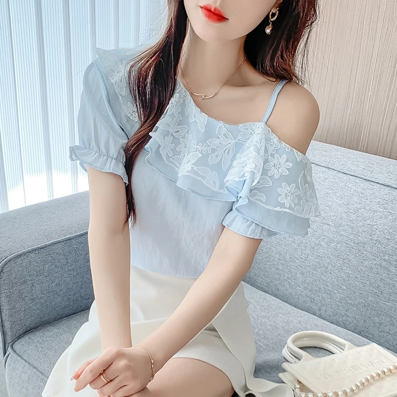 女性のオフショルダーレースフリルブラウス夏半袖非対称シフォン - Blouse Off Shoulder のレビューと価格