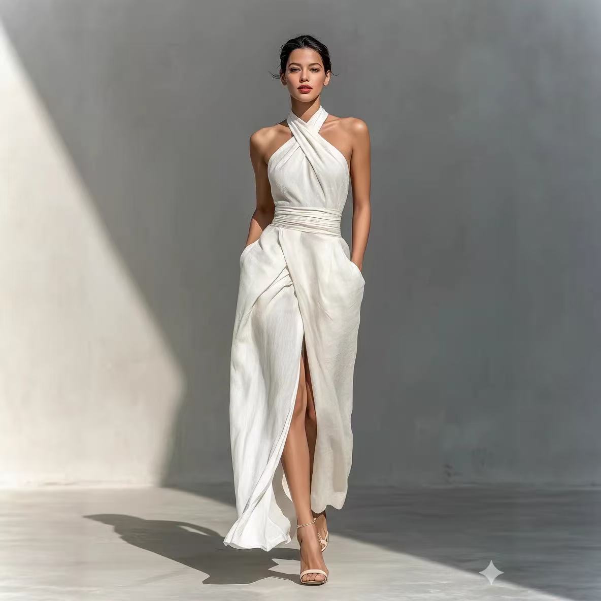 洗練されたデザインの、前スリット入りボヘミアン風ロングドレス - Maxi Dress Halter のレビューと価格