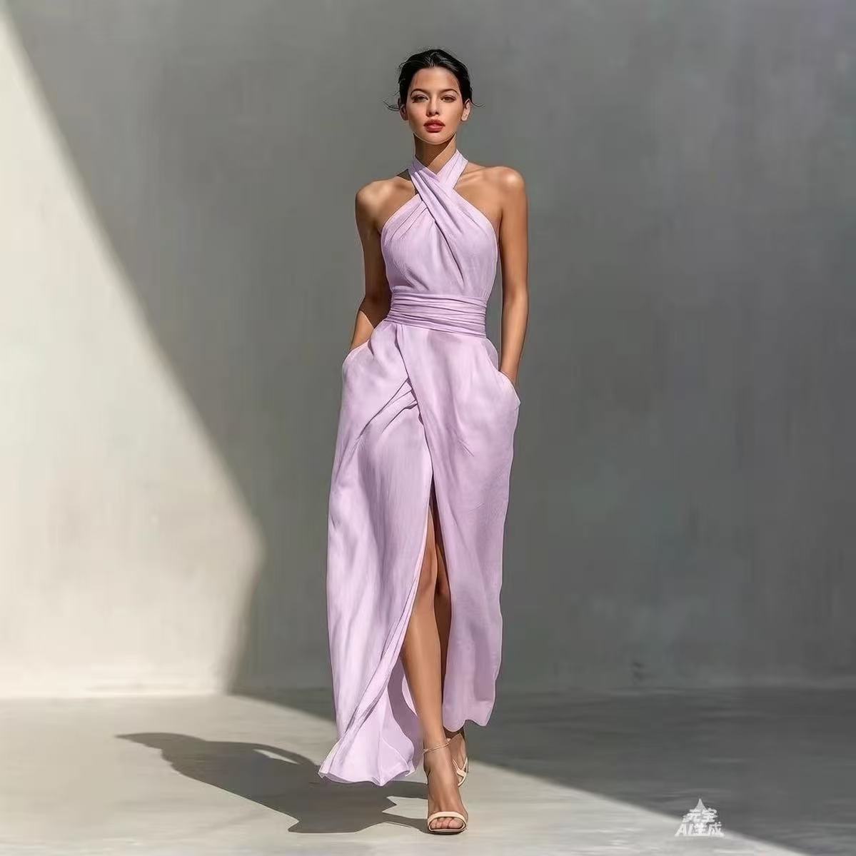 洗練されたデザインの、前スリット入りボヘミアン風ロングドレス - Maxi Dress Halter のレビューと価格