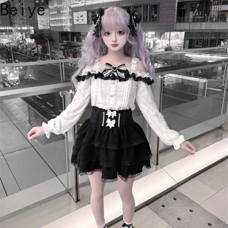 甘いオフショルダーのロリータ風2点セット。レースの長袖ブラウ - Blouse Off Shoulder のレビューと価格