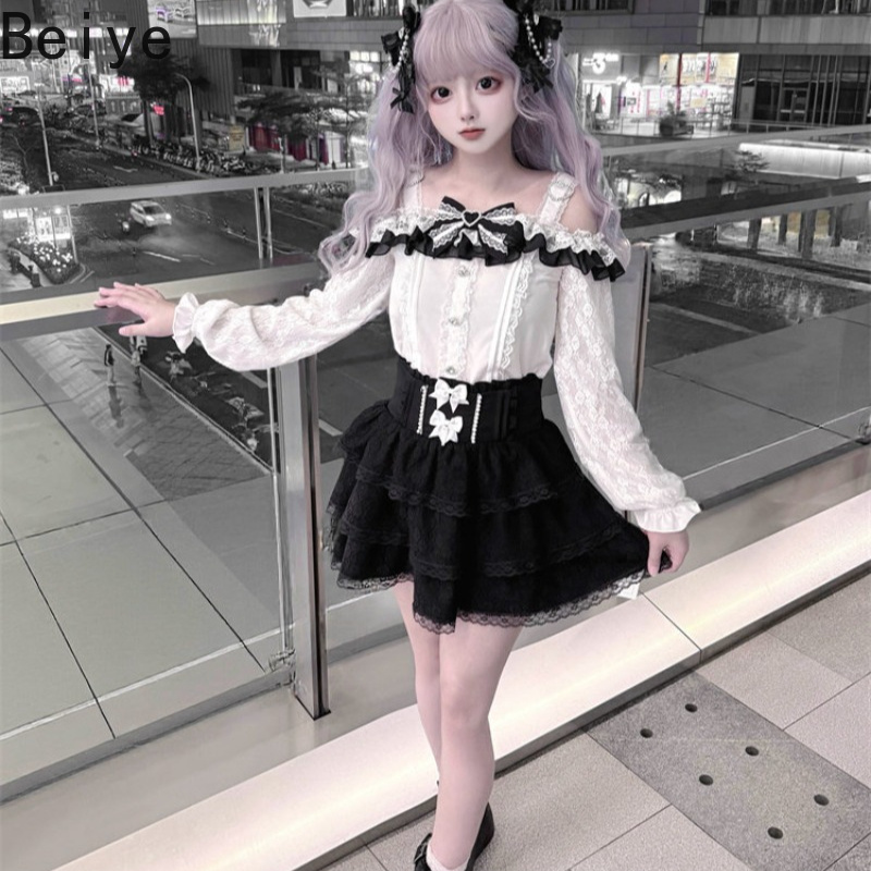 甘いオフショルダーのロリータ風2点セット。レースの長袖ブラウ - Blouse Off Shoulder のレビューと価格