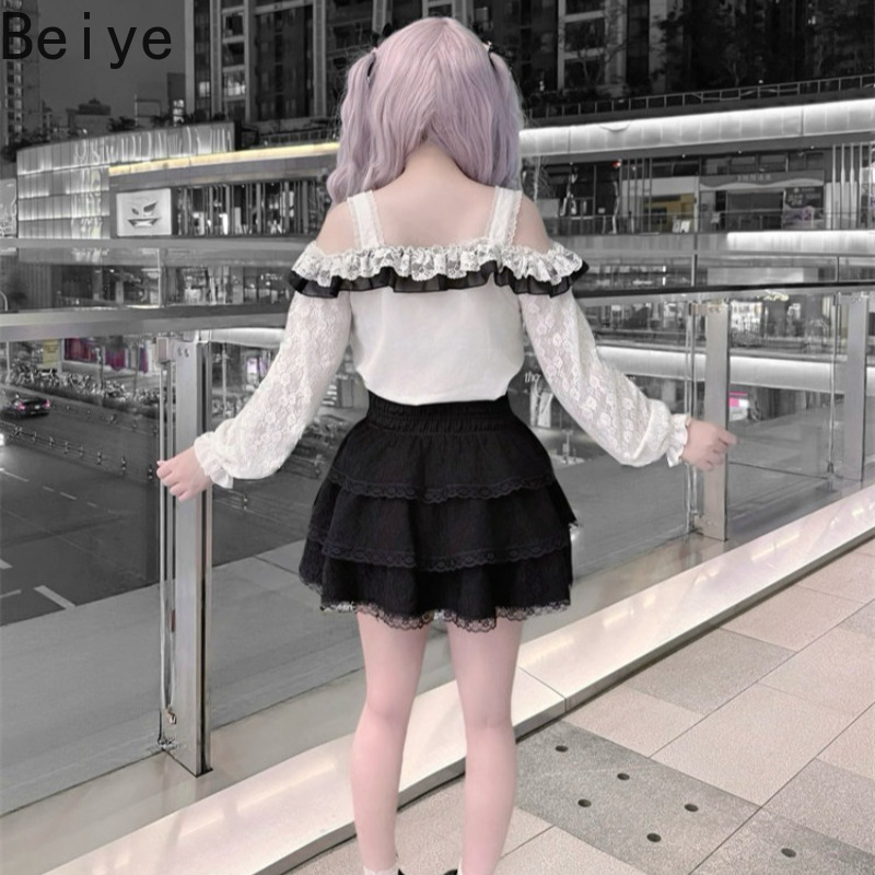 甘いオフショルダーのロリータ風2点セット。レースの長袖ブラウ - Blouse Off Shoulder のレビューと価格