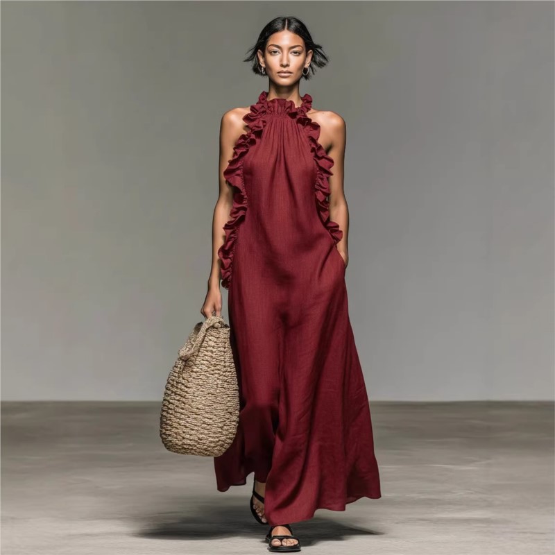 カスタマイズ可能なレディースセクシーホルターネックラッフルマ - Maxi Dress Halter のレビューと価格
