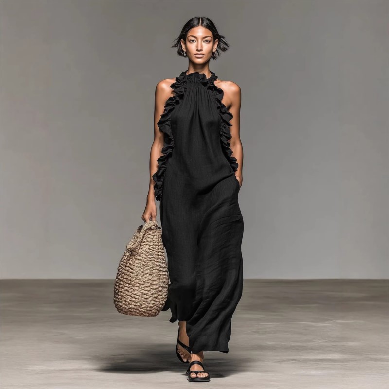 カスタマイズ可能なレディースセクシーホルターネックラッフルマ - Maxi Dress Halter のレビューと価格